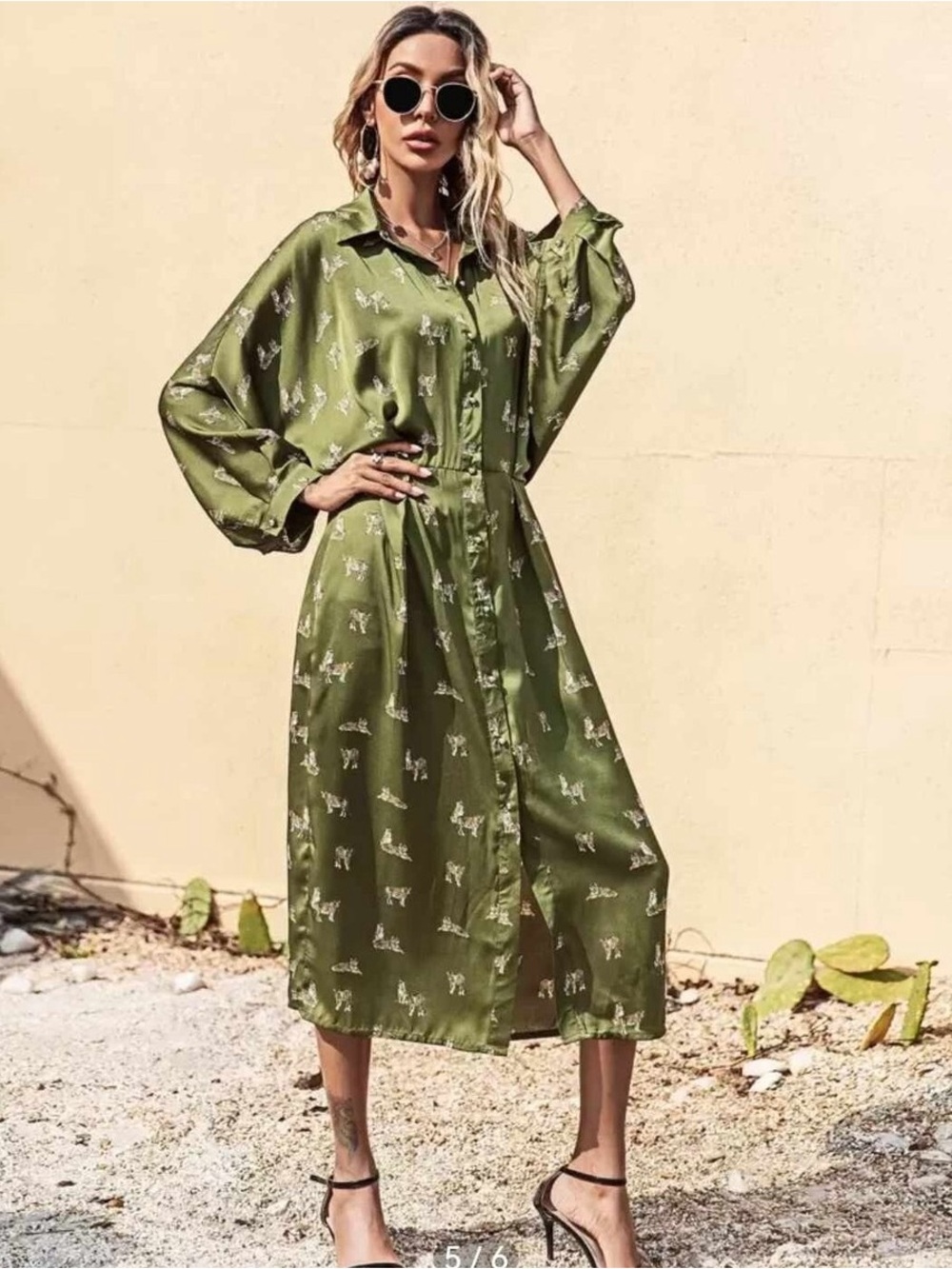 Zara Olive Green Satin Midi Shirt Dress